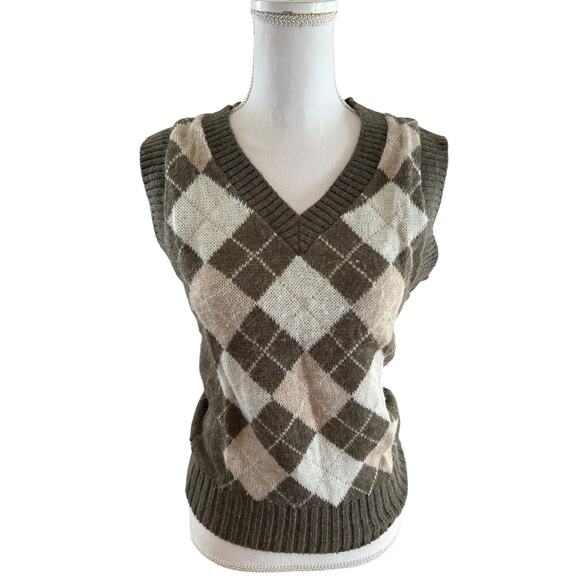 Vintage Fuzzy Argyle Sweater Vest Taupe Cream - Picture 1 of 6